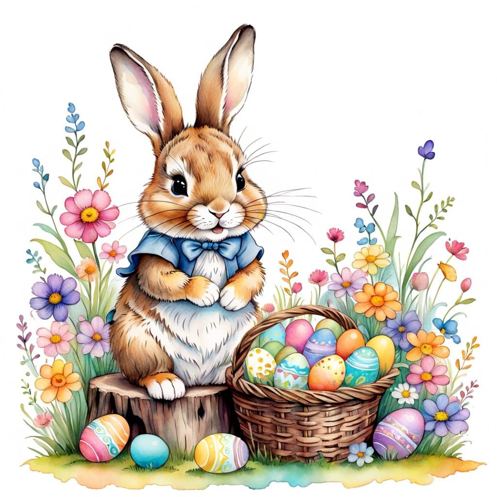 Whimsical Easter Rabbit in a Floral Wonderland