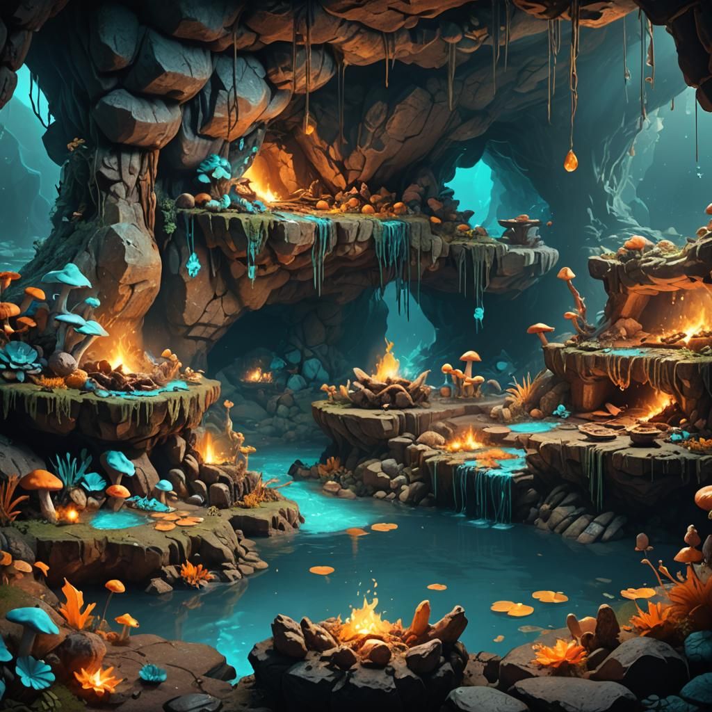 Trolls Grilling in a Mystical Cave: 3D Rendered Art