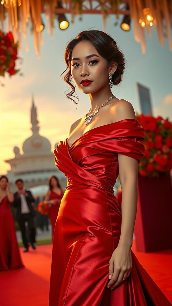 Elegant Asian Woman in Ruby Red Gown on Red Carpet in Jakart...