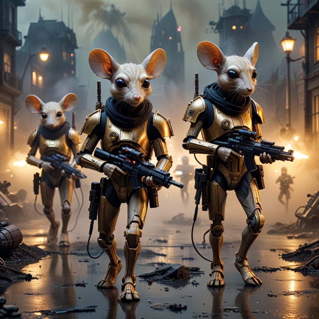 Mice Battle Droids Invade City Under Moonlight