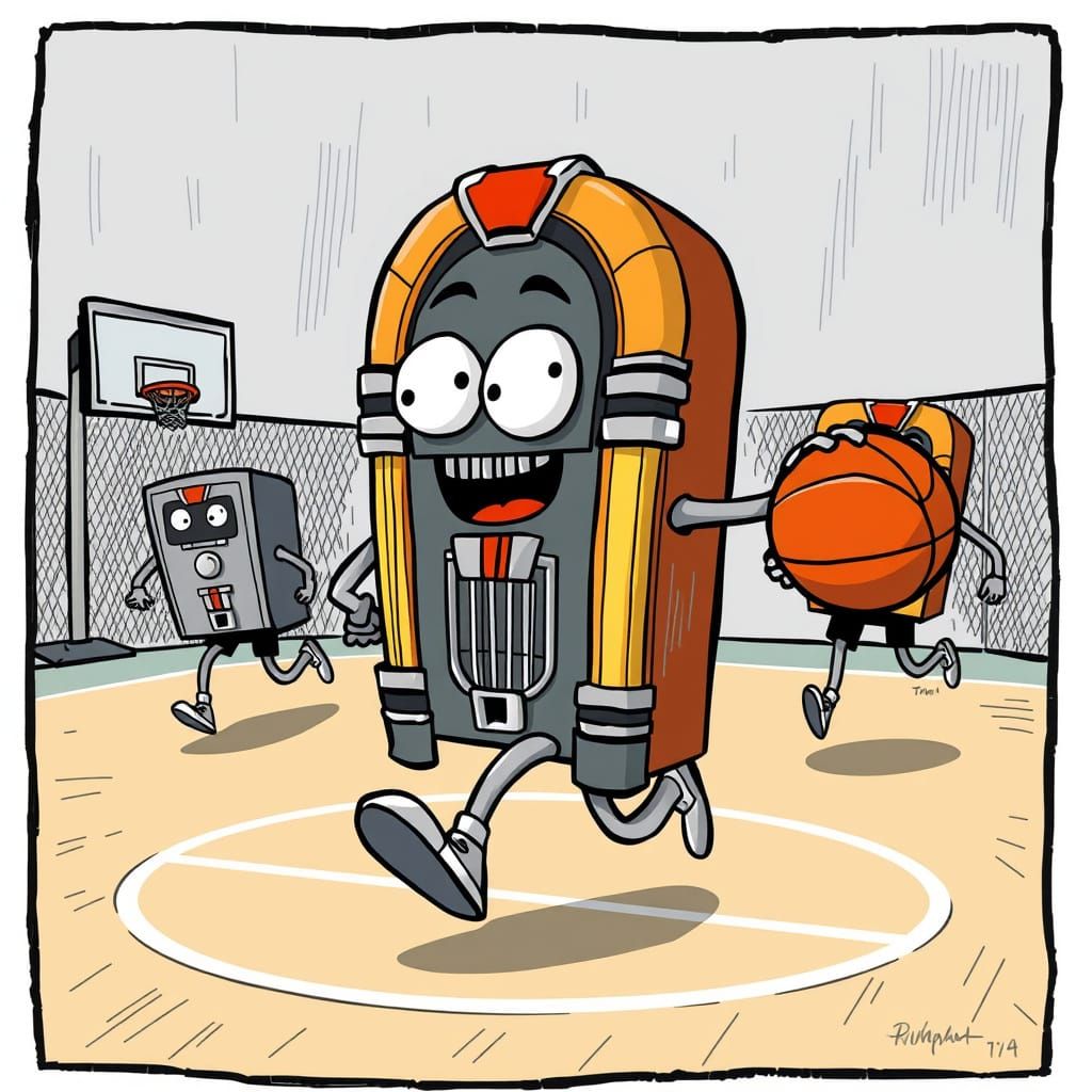 Cartoon Jukeboxes Playing Basketball on Court