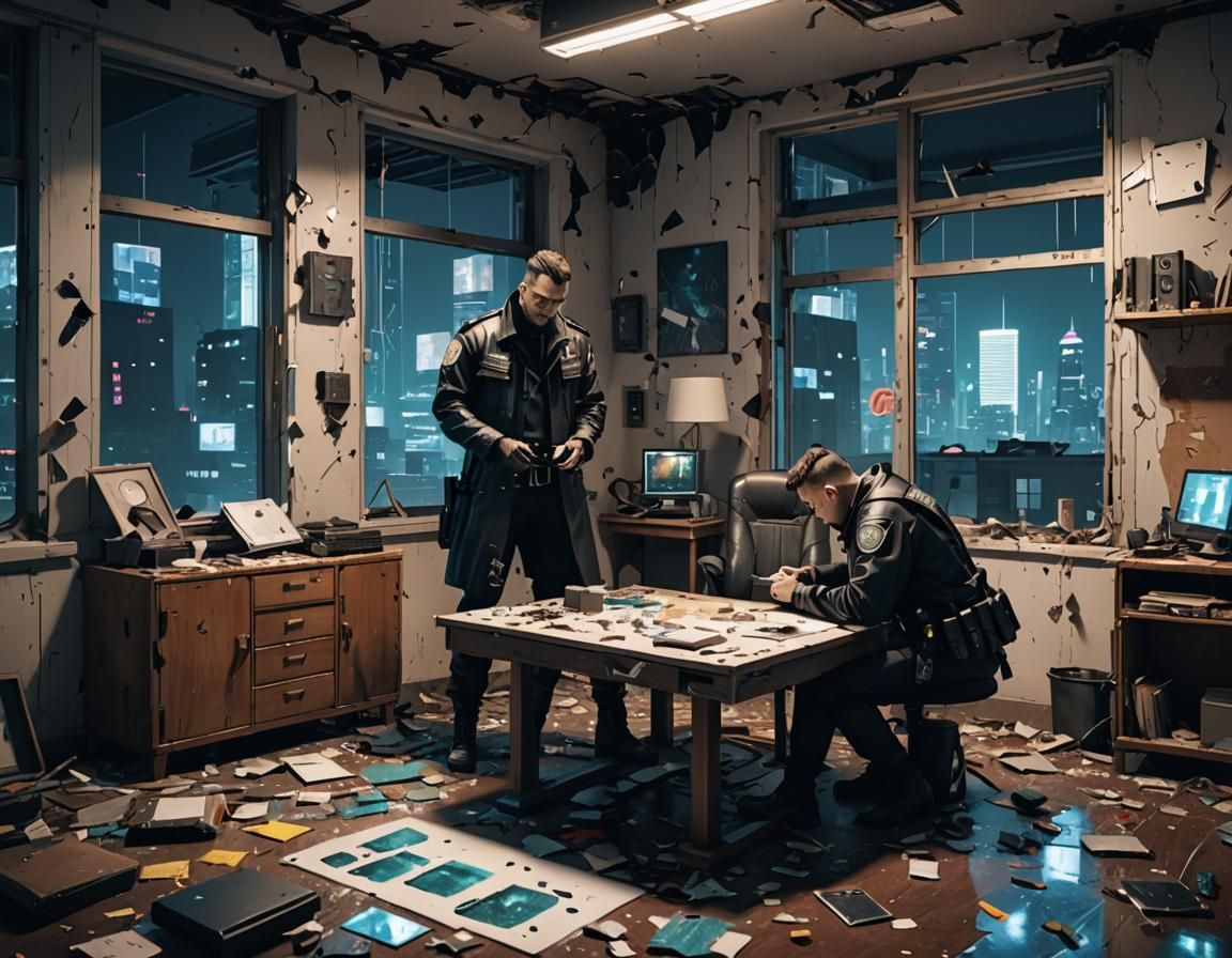 Cyberpunk Police Investigate Crime Scene in Apartment
