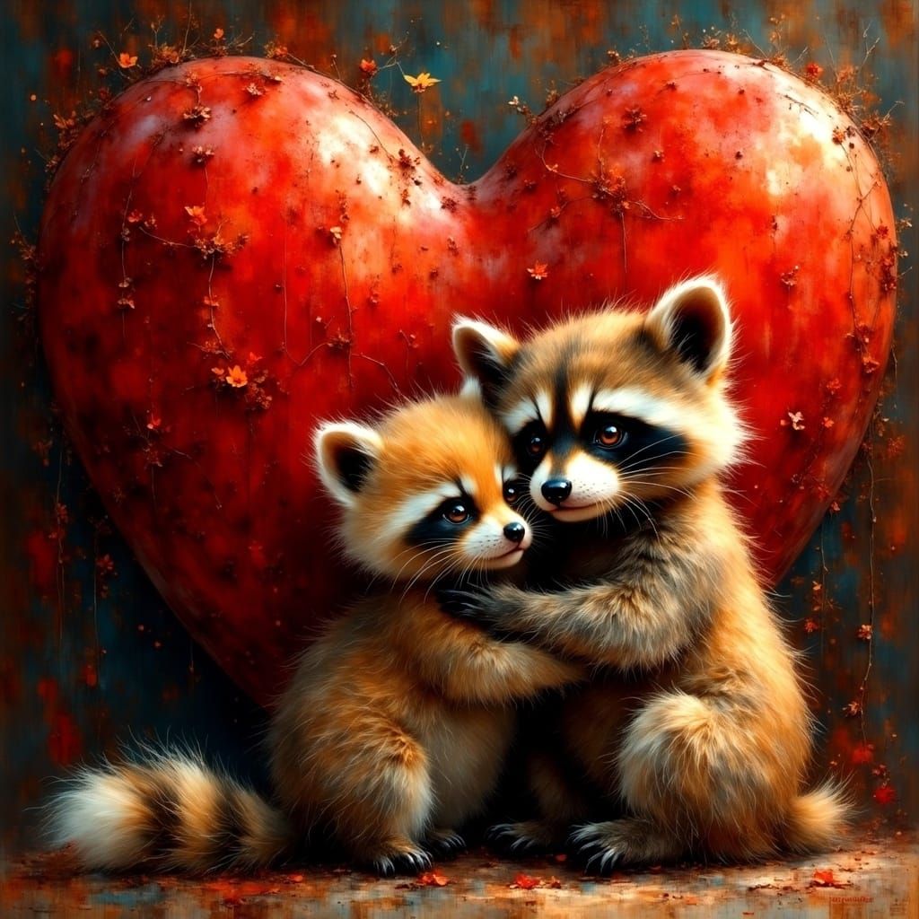 Whimsical Heartwarming Scene of Baby Raccoon and Kitten Hugg...