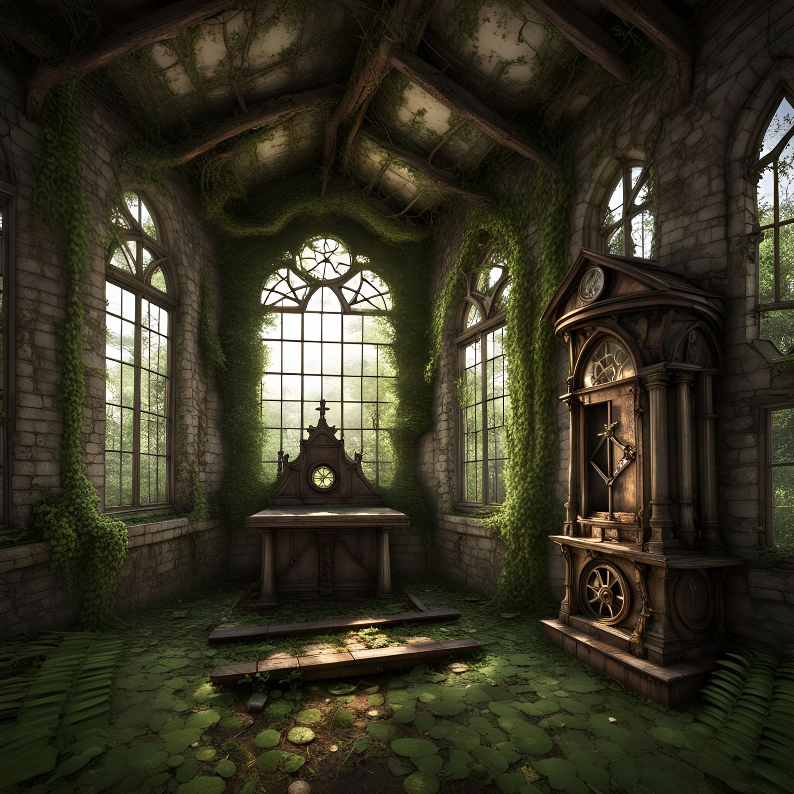 Ruined Chapel in Forest with Steampunk Engine