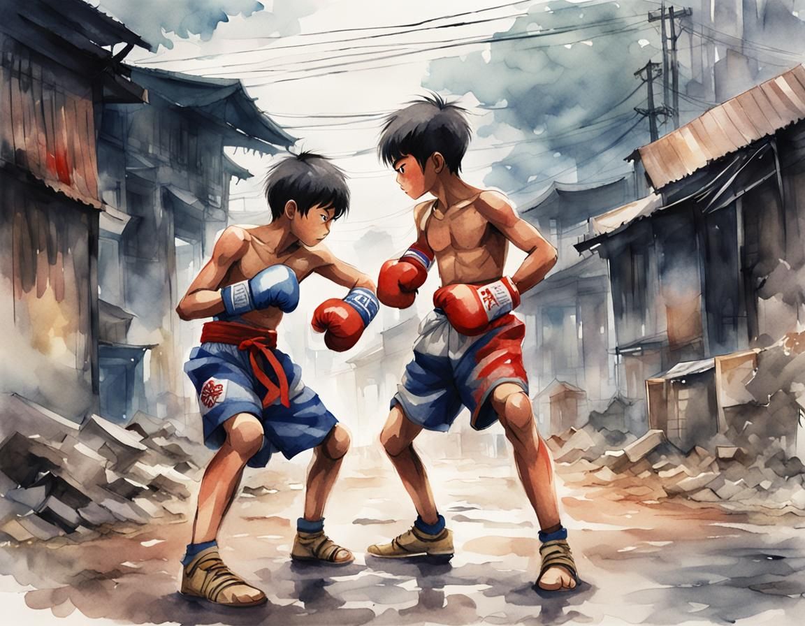 Thai Boys Boxing in Foggy City, Anime Art