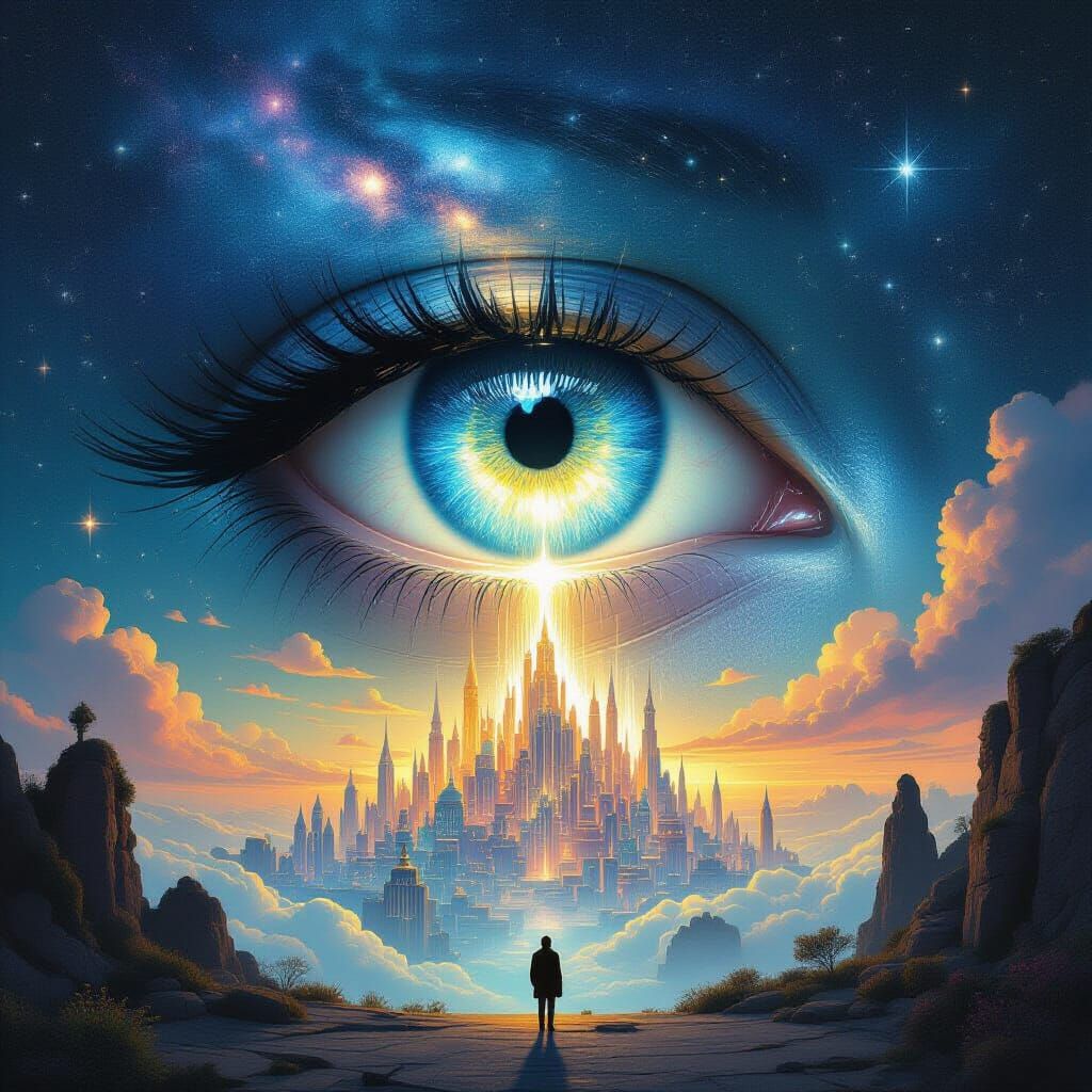 Ethereal Eye Dissolves Illusory Cityscape into Light