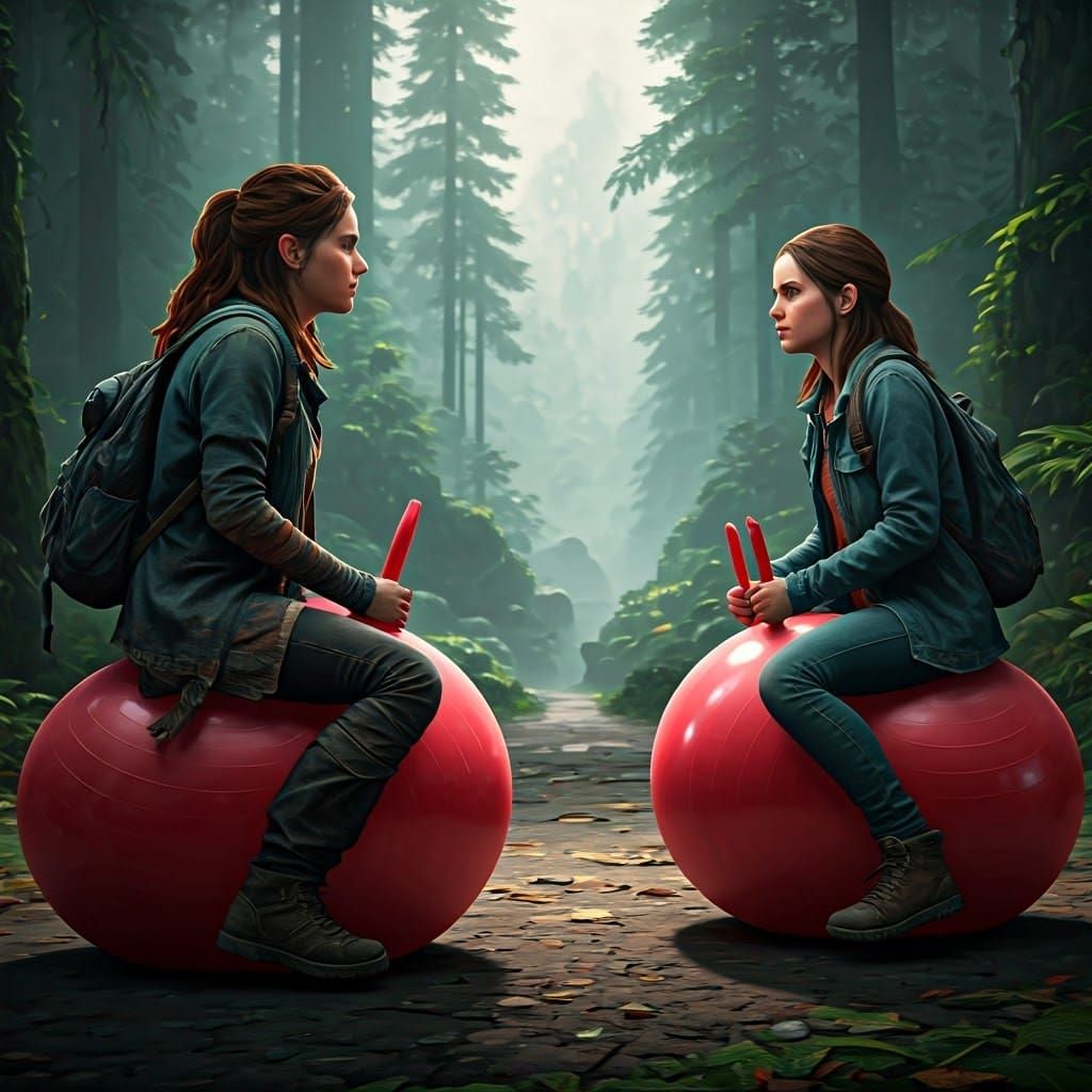 Aloy and Ellie Bouncing in Misty Forest