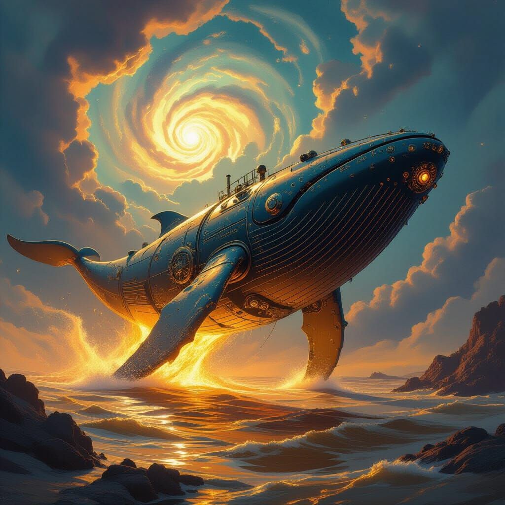 Clockwork Whale Breaches Molten Gold Sea Under Nebula Sky