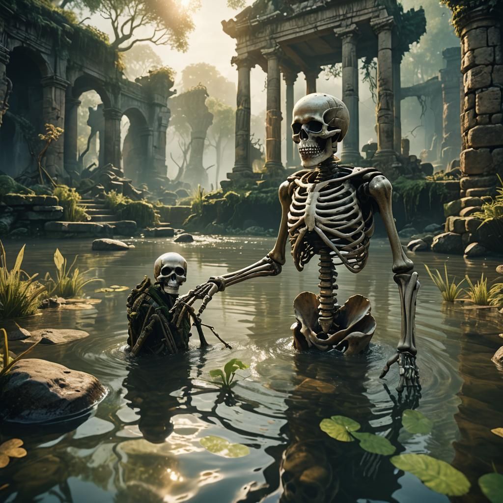 Skeleton in River Surrounded by Ancient Ruins