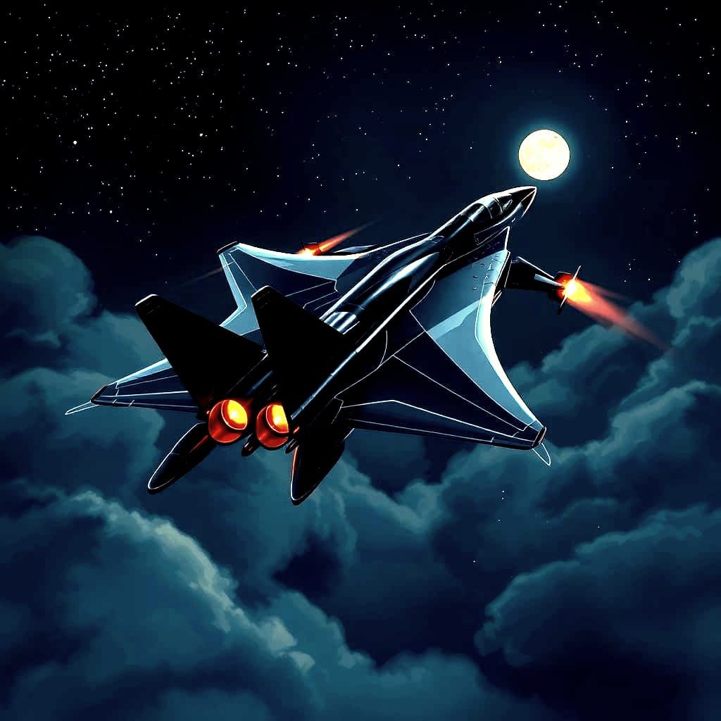 Sleek Black Fighter Jet Soars Through Starry Night Sky in a ...