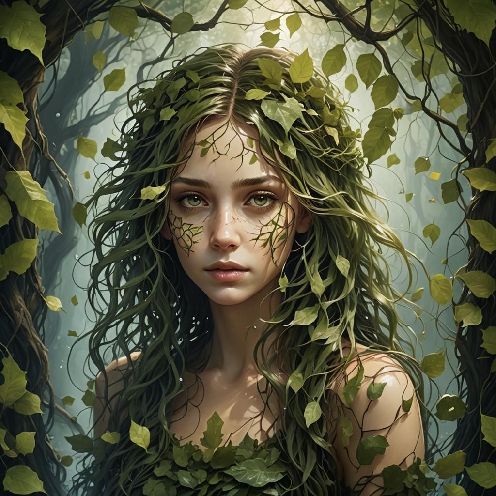 Surreal Woman of Leaves Gazing at Trapped Fairy