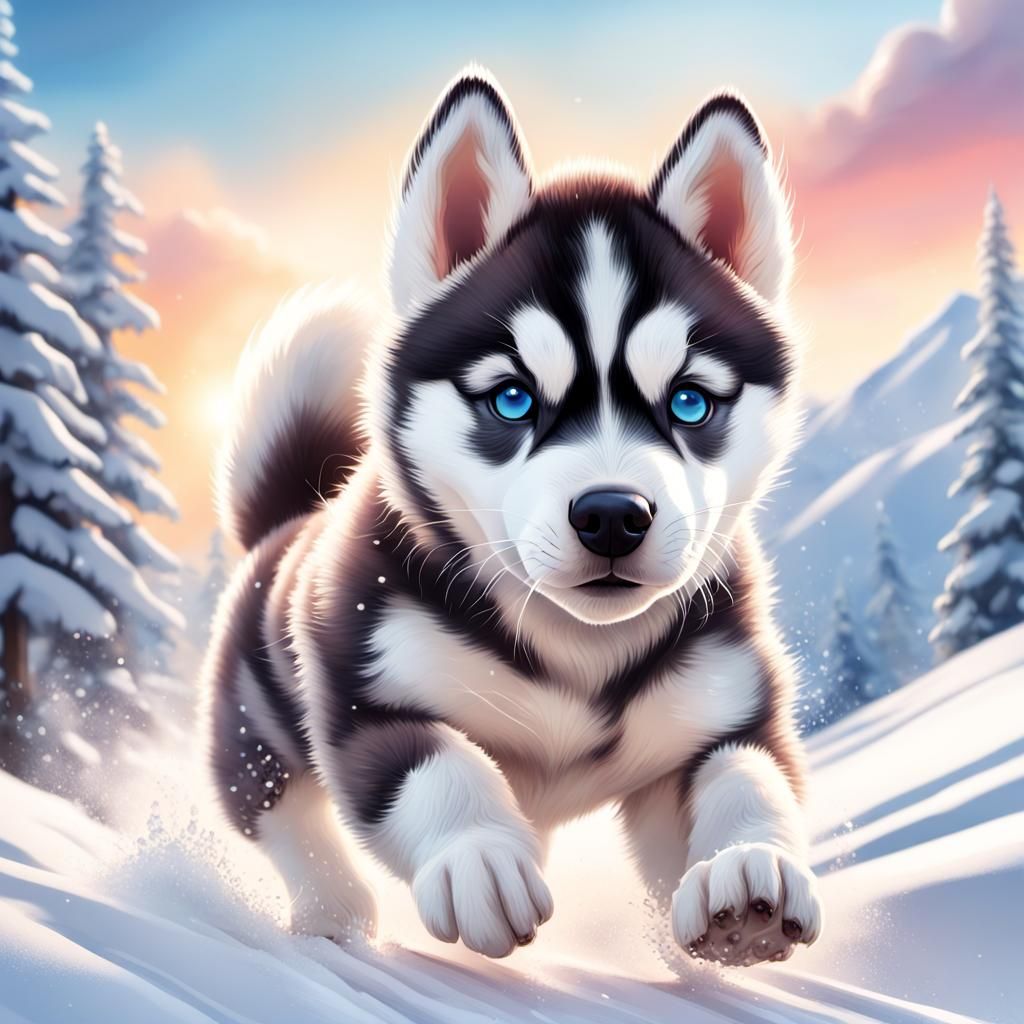 Adorable Siberian Husky Puppy In The Snowy Slopes