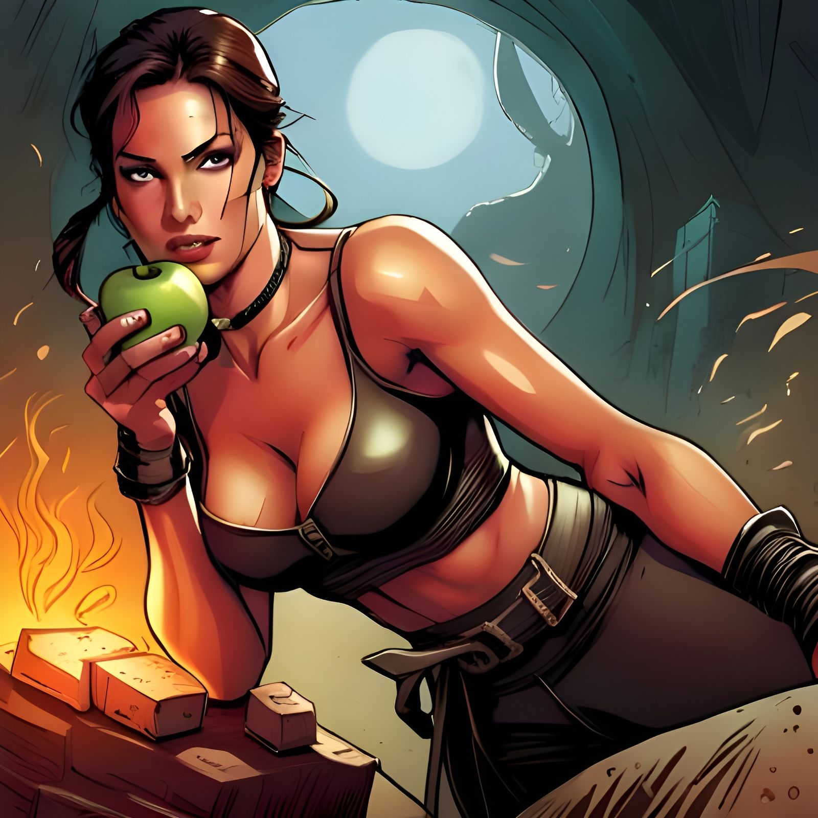 Lara Croft eating an apple