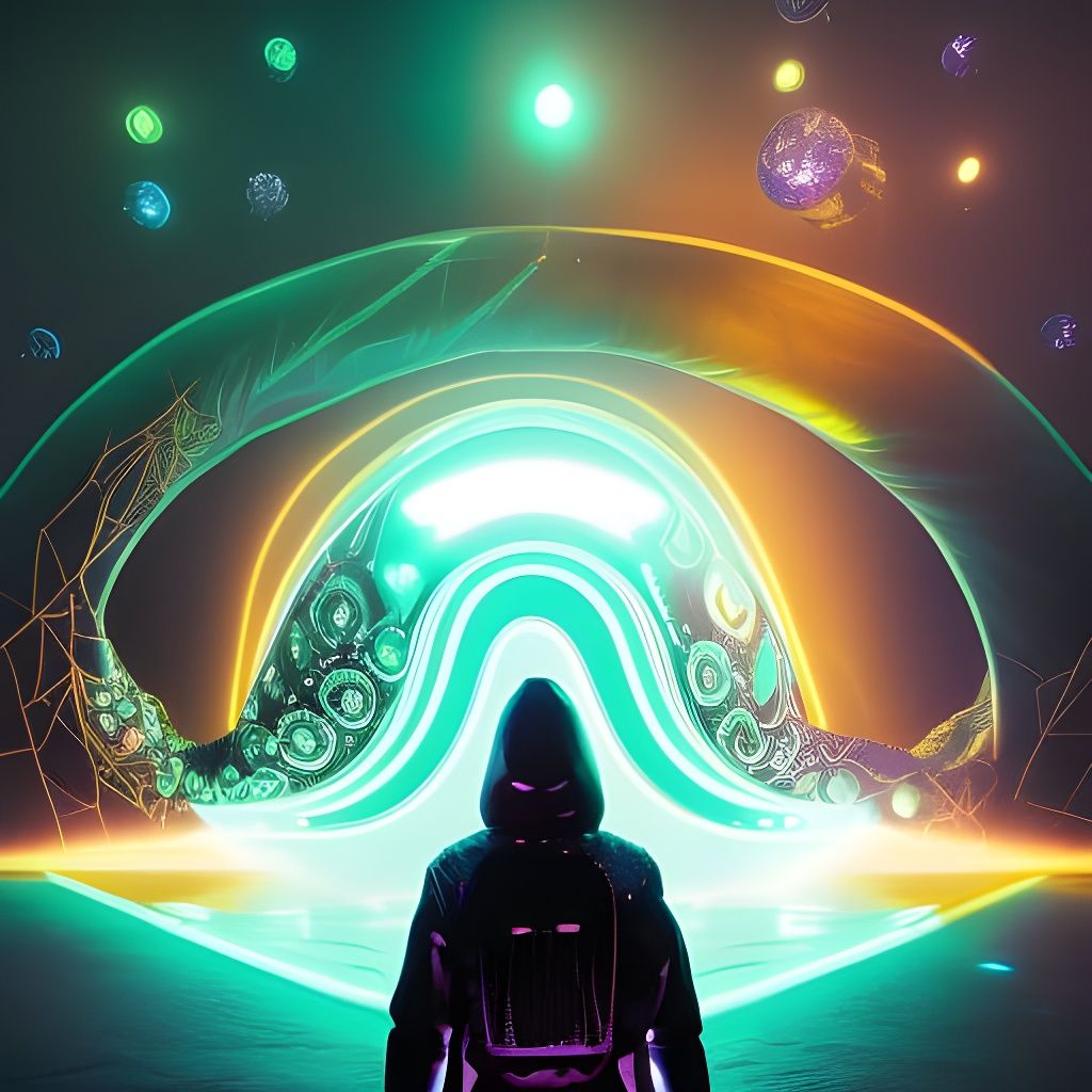 Hooded Alien in Synthwave Glitchcore Landscape