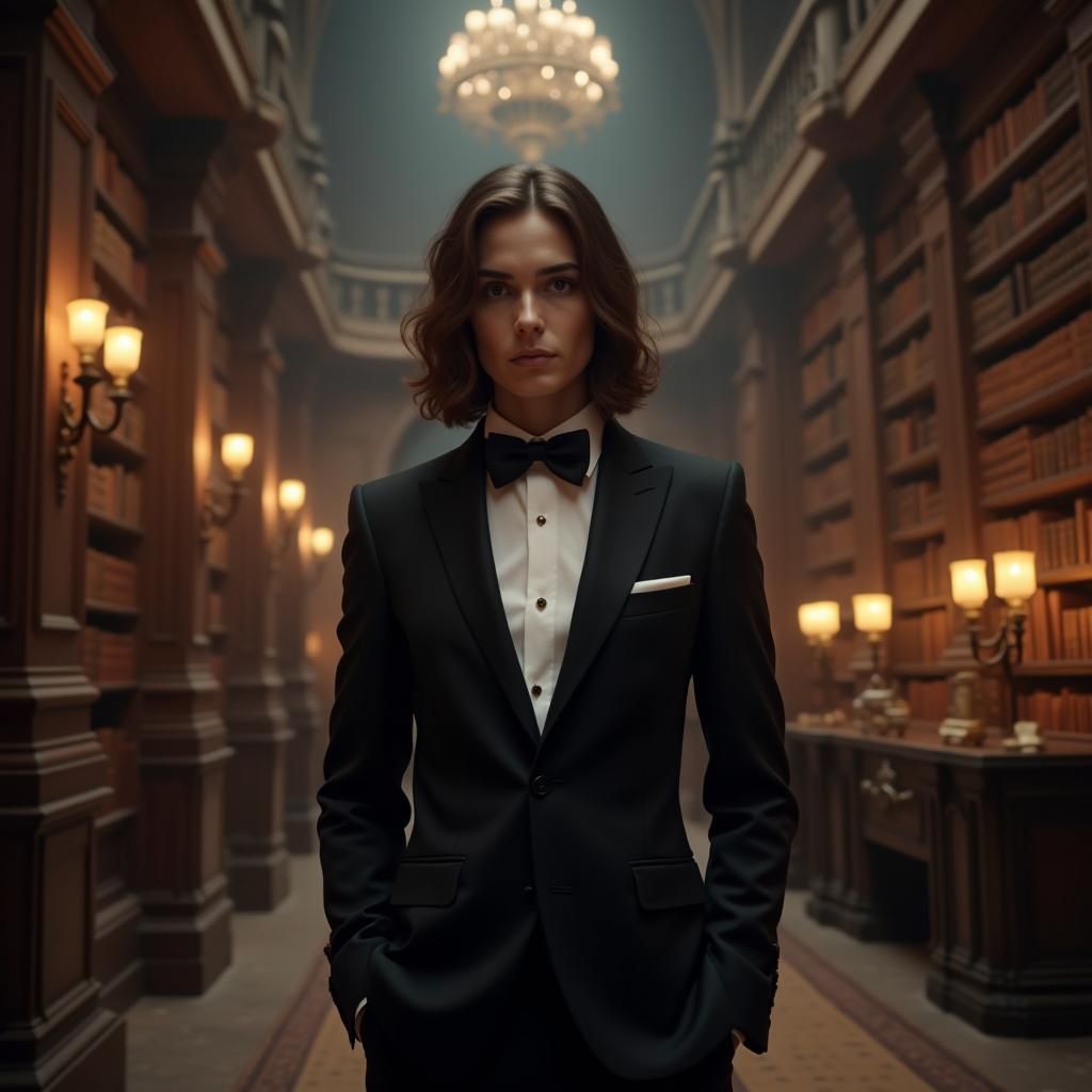 Person in Tuxedo in Magical Library
