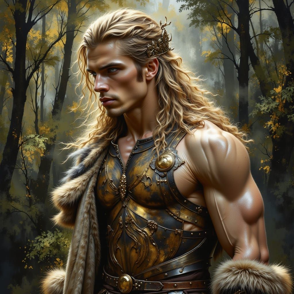 Celtic Warrior in Ancient Forest, Hyperrealistic Digital Art