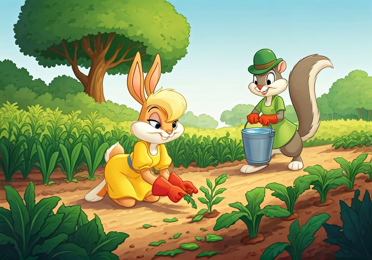 Lola Bunny Gardening with Mischievous Squirrel