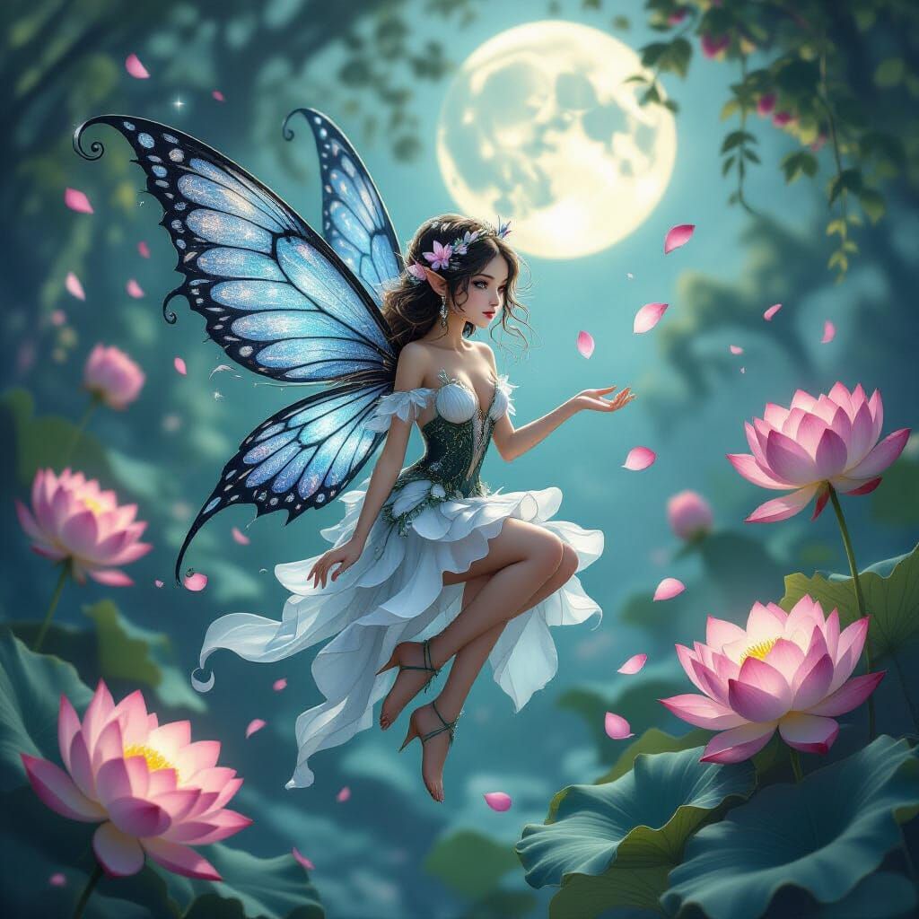Ethereal Fairy with Black Diamond Wings in Moonlit Garden