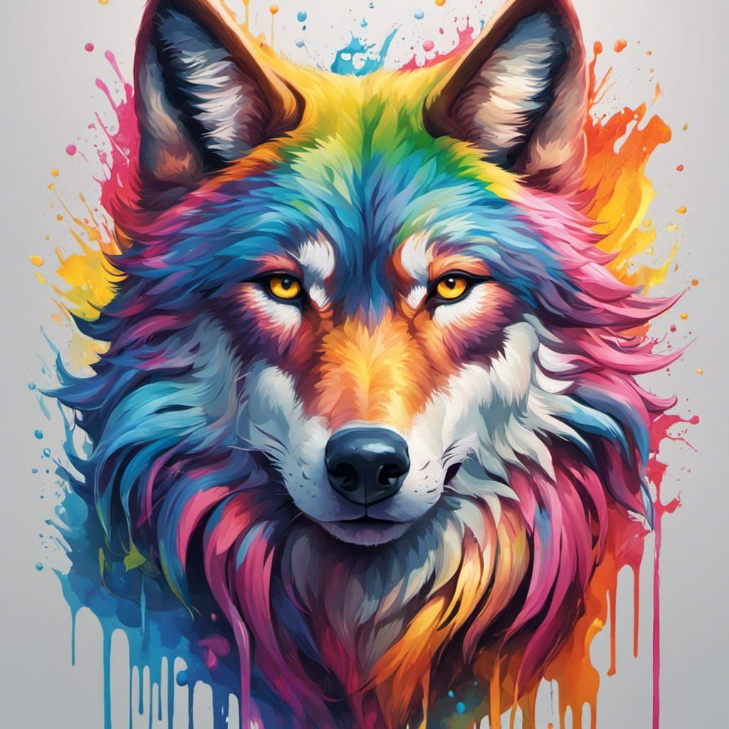 Rainbow Wolf Head in Oil Painting Style