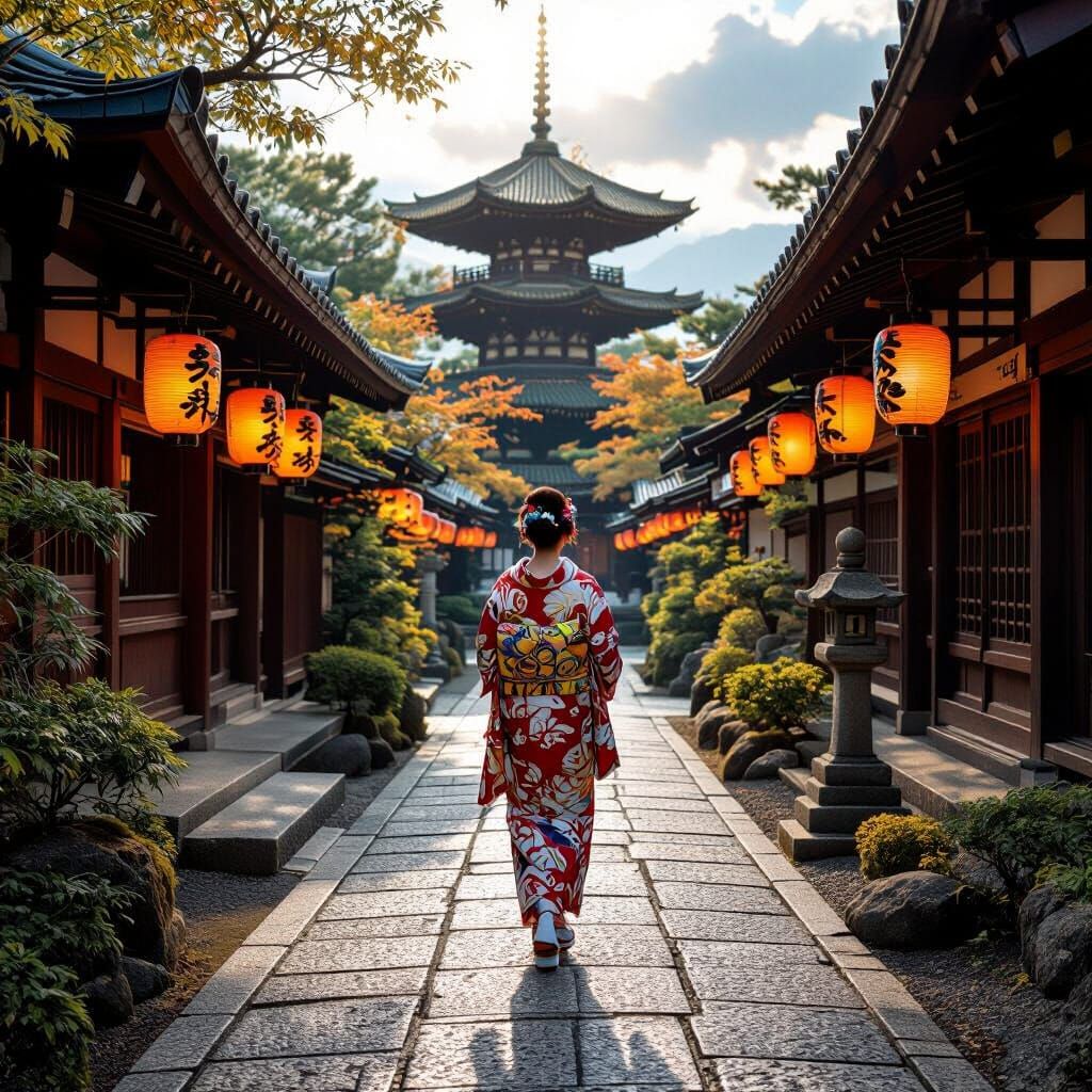 Woman in Kimono Walks Stone Path Amidst Cherry Blossoms