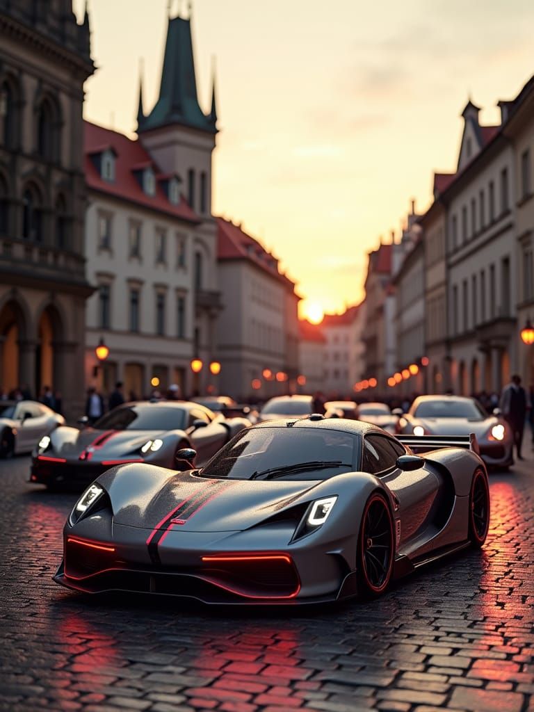 Futuristic Sports Cars in Prague, Syd Mead Style