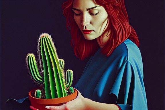 Woman and Cactus Portrait in Maximalist Style