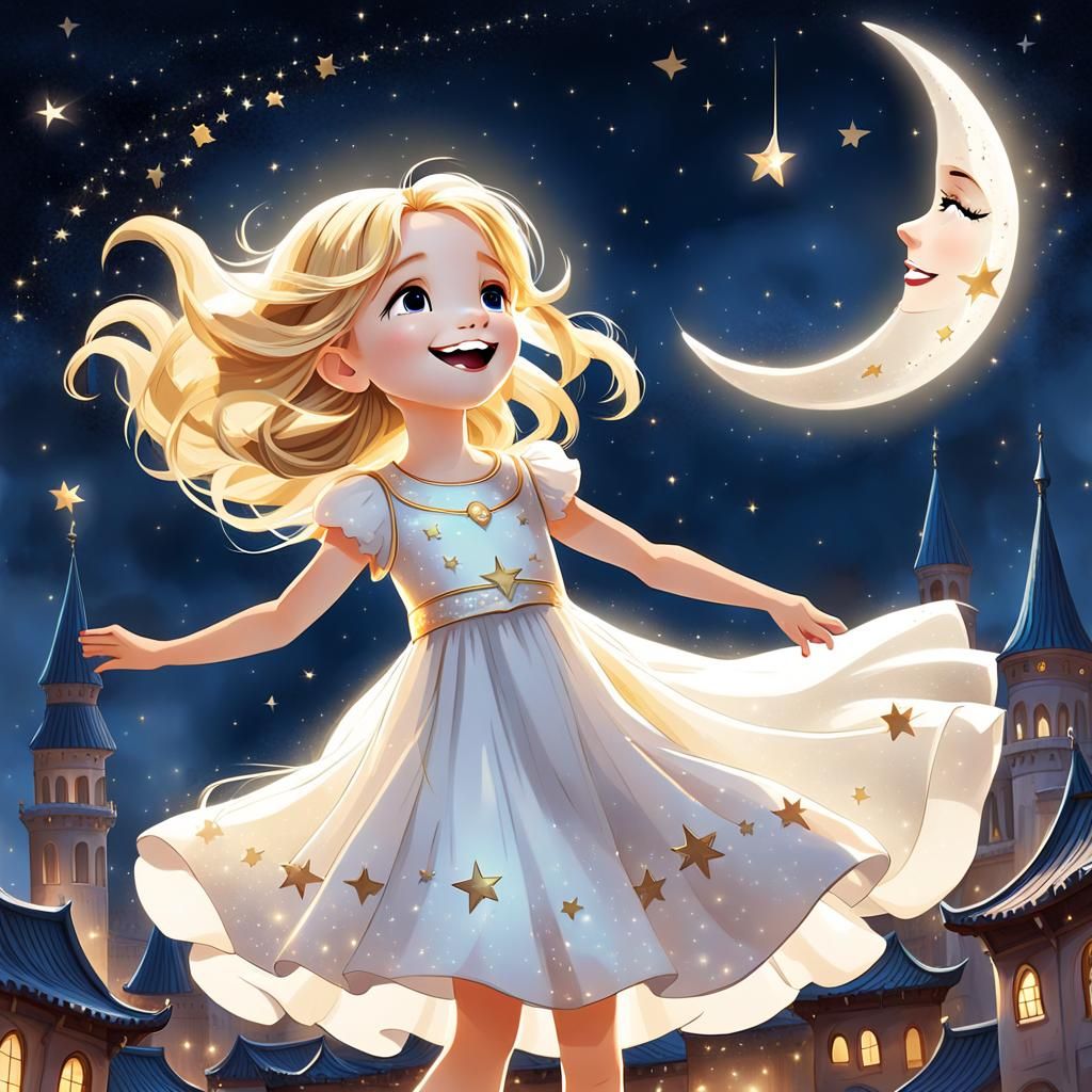 Magical Girl Dances Under Smiling Moon, Watercolor Art