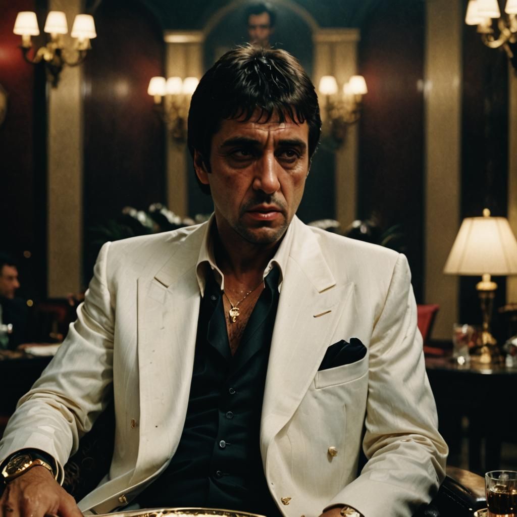 Dramatic Film Still of Tony Montana as Scarface