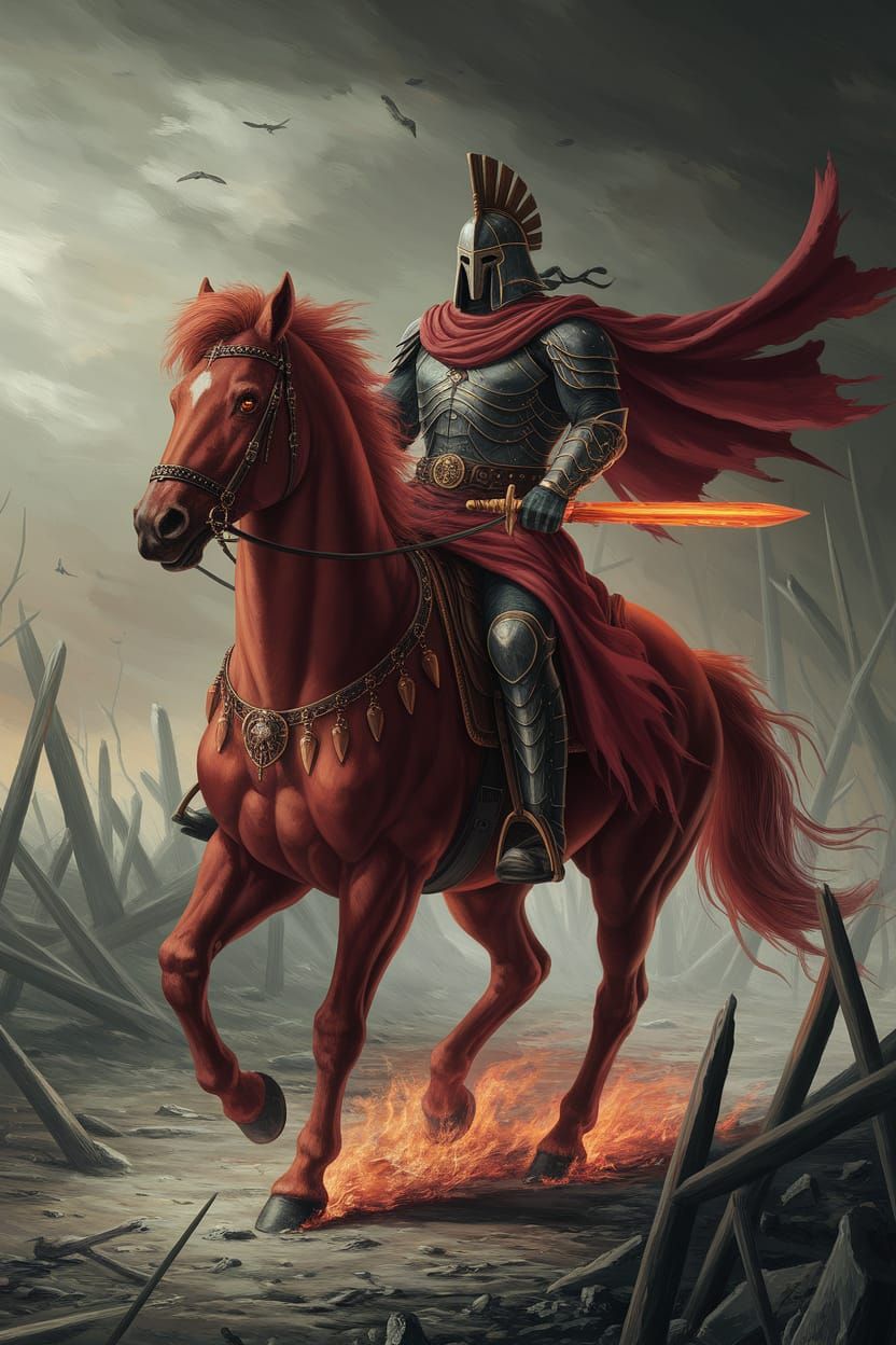 Impressionist Painting of War on Fiery Horse