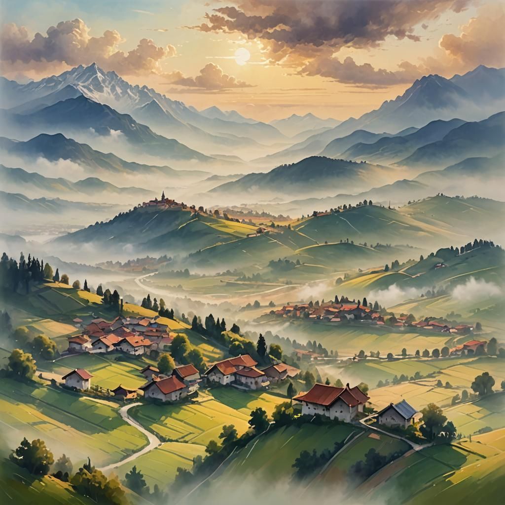 Misty Mountain Village in Soft Brushstroke Style