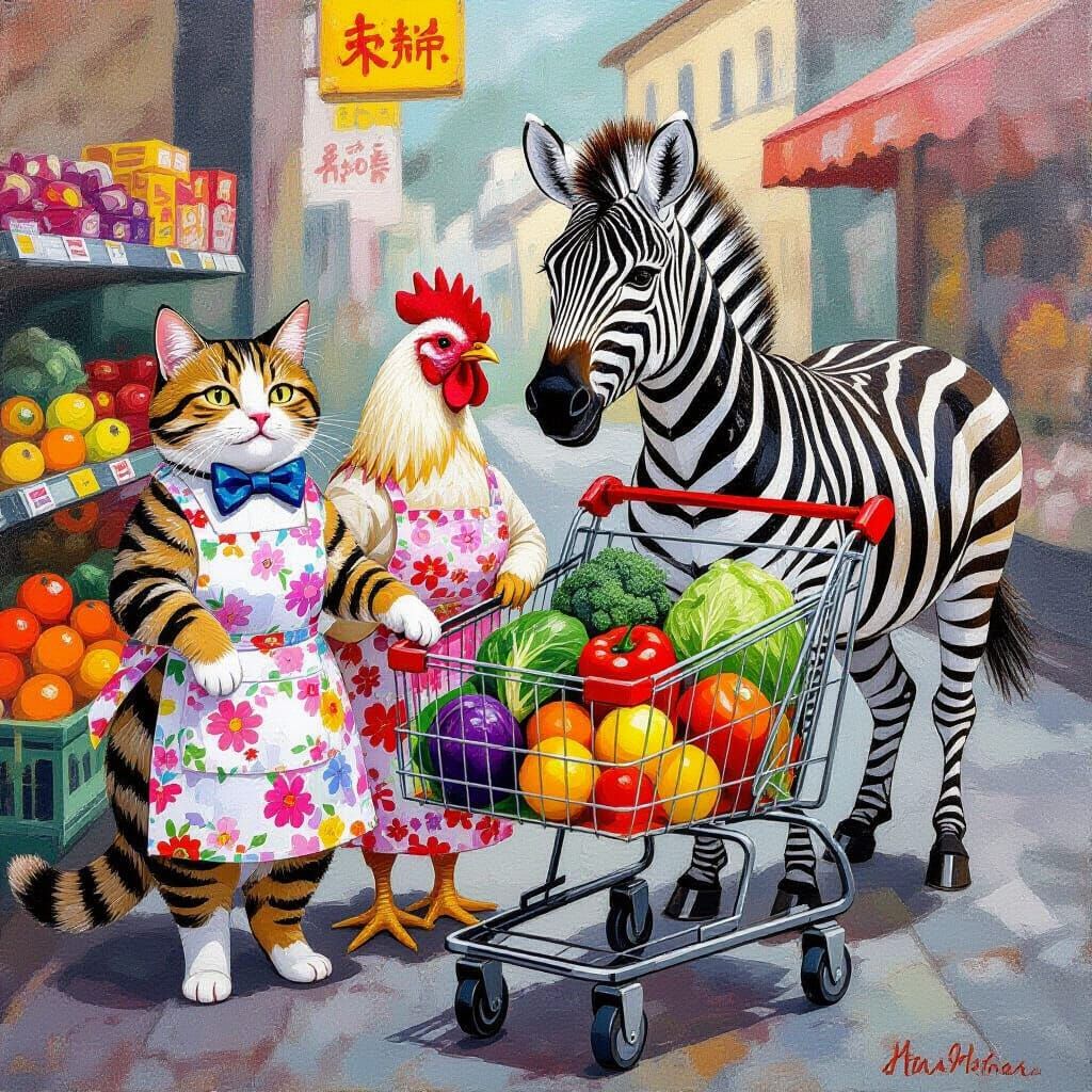 Animals Grocery Shopping in Gouache Impressionist Style