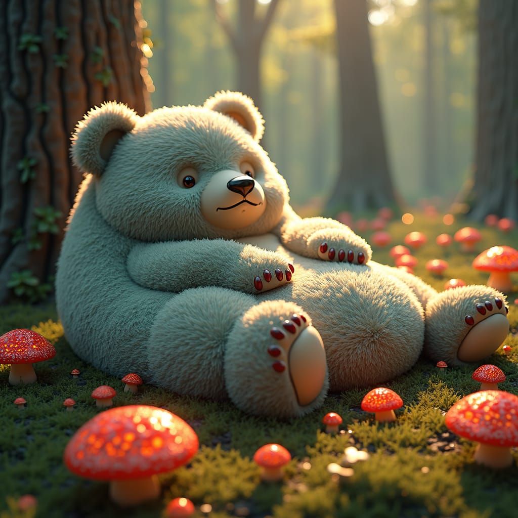 Colossal Bear Beanbag Among Glowing Mushrooms
