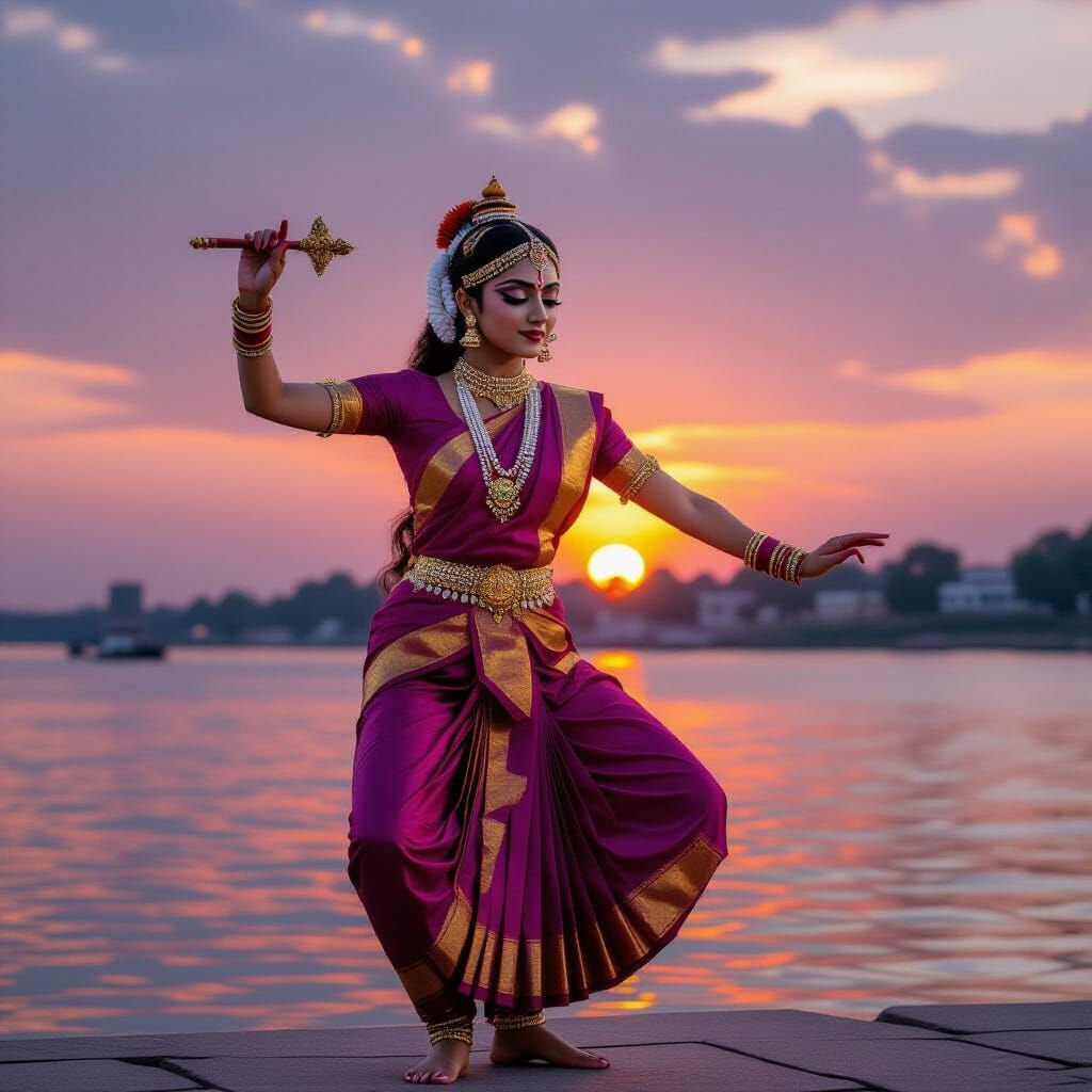 Kuchipudi Dancer in Sorrowful Pose at Sunset
