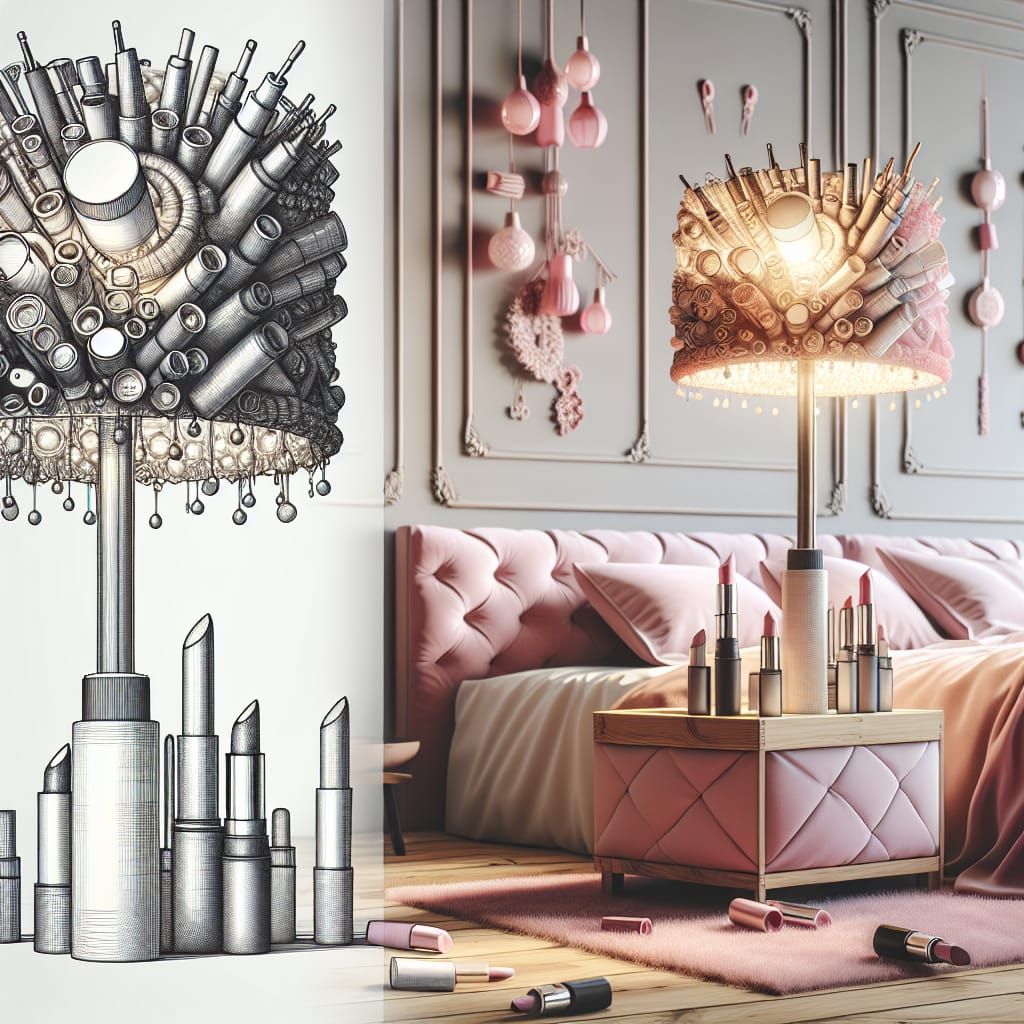 An abstract lamp design made from unexpected materials, like old lipstick tubes and nail polish bottles