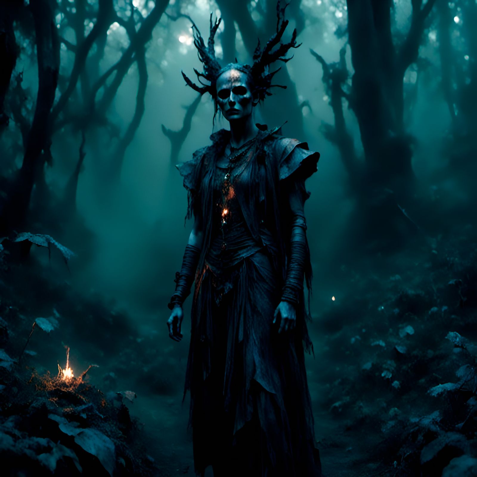 Hyperreal Elf in Dark Forest with Moonshine