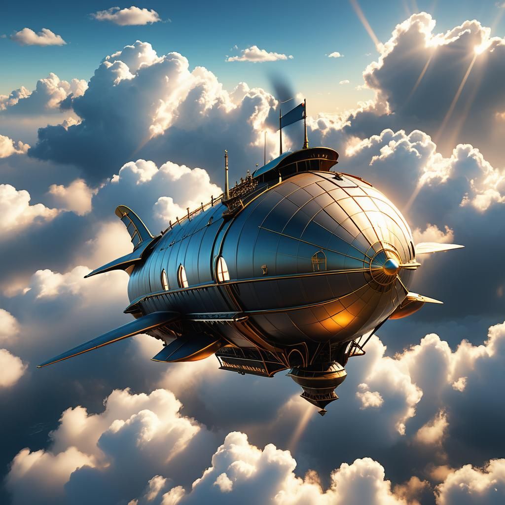 Elegant Fantasy Airship in Sunlight: Bird's Eye View