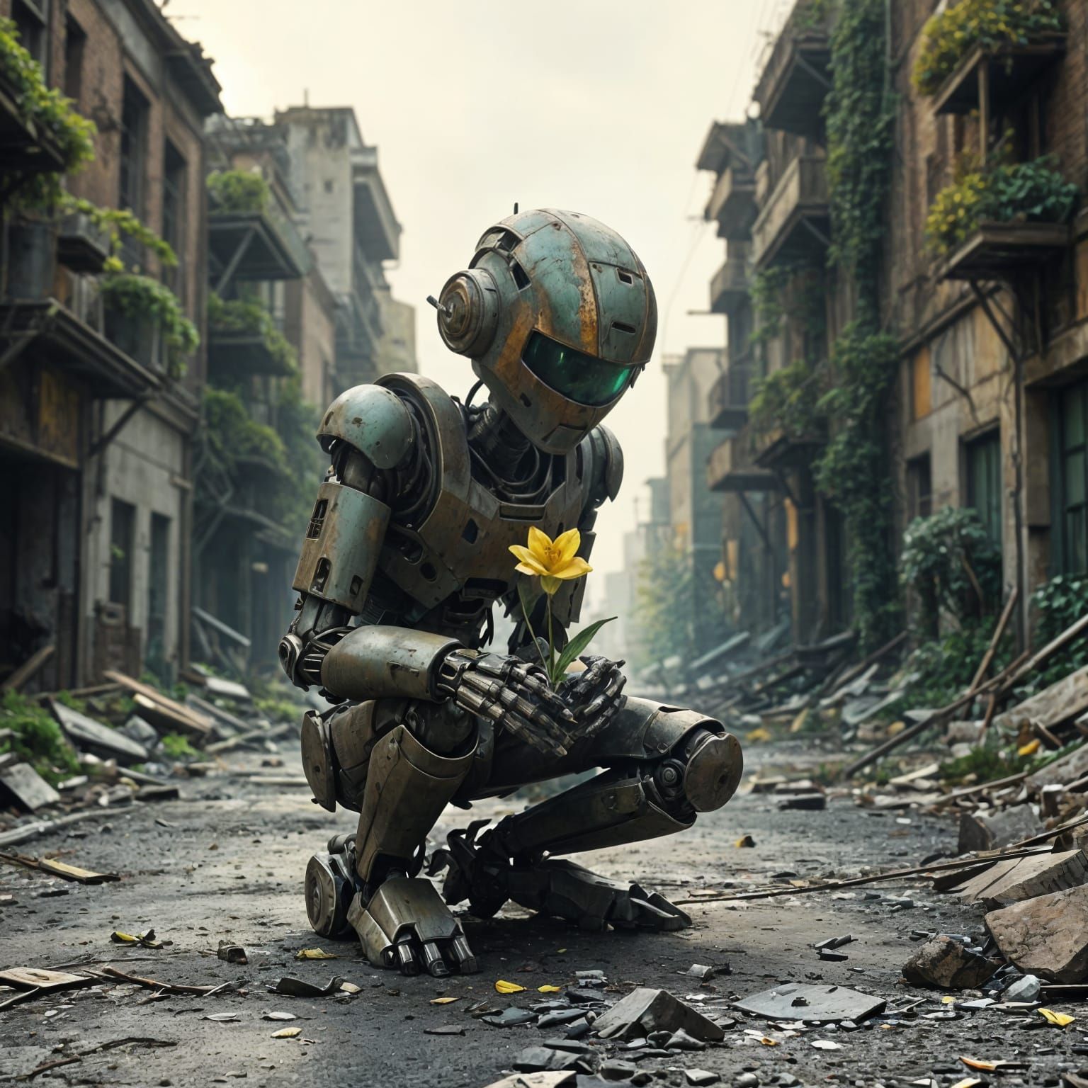 Weathered Robot Finds Hope in Desolate Landscape