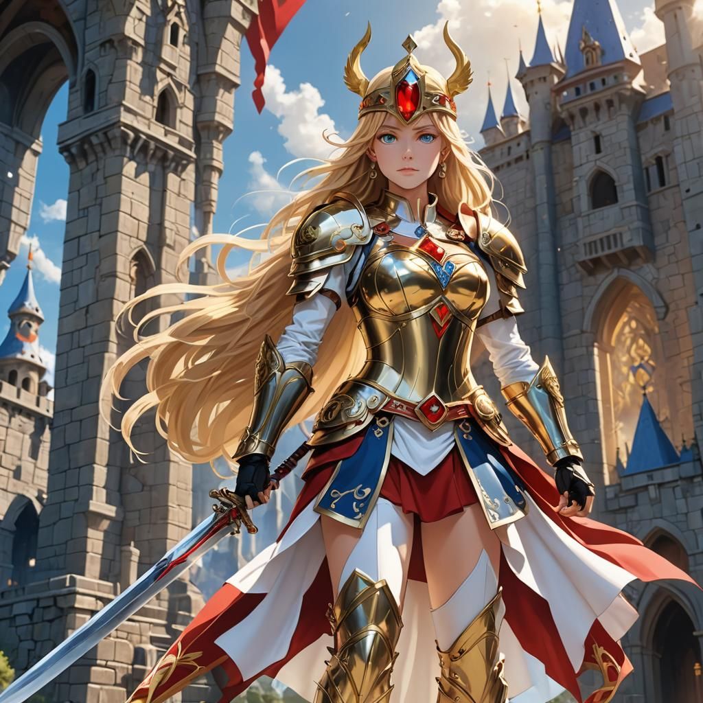 Anime Valkyrie with Sword Above Golden Castle