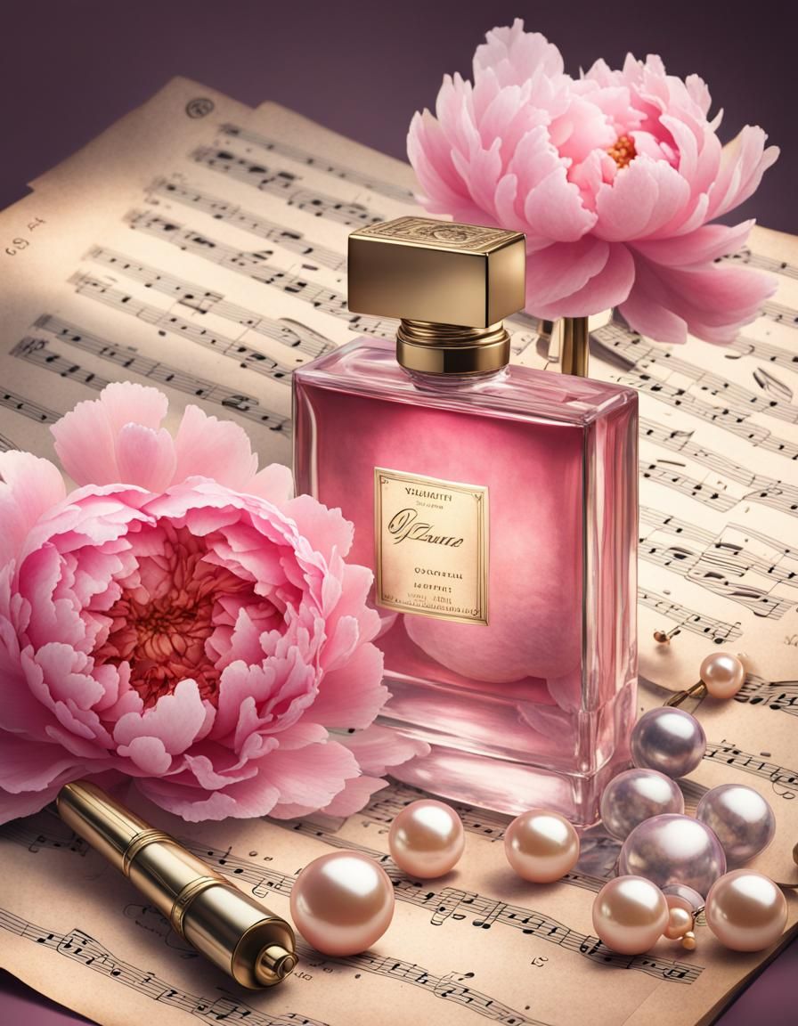 Vintage Perfume Bottles, Peonies, and Pearls in Pastel Water...