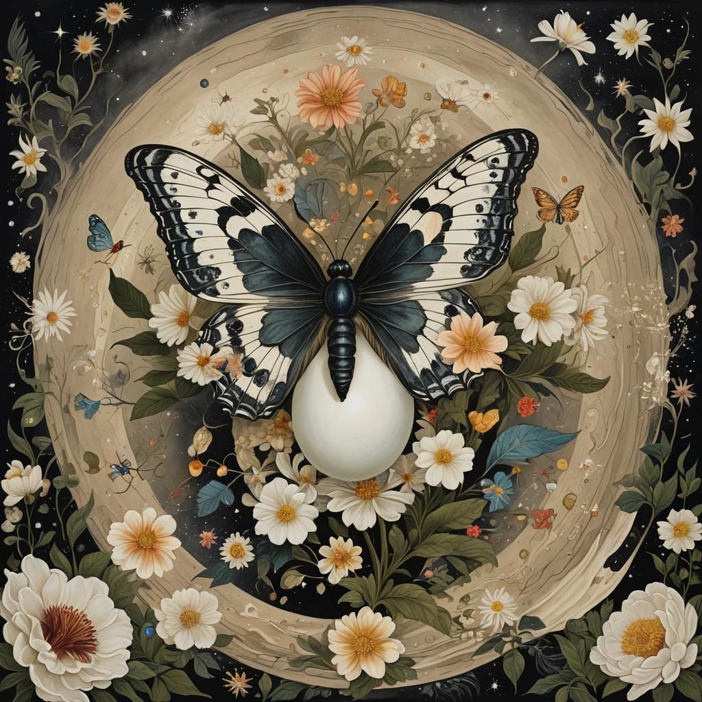 Surreal Butterfly Egg and Peony in Leonora Carrington Style