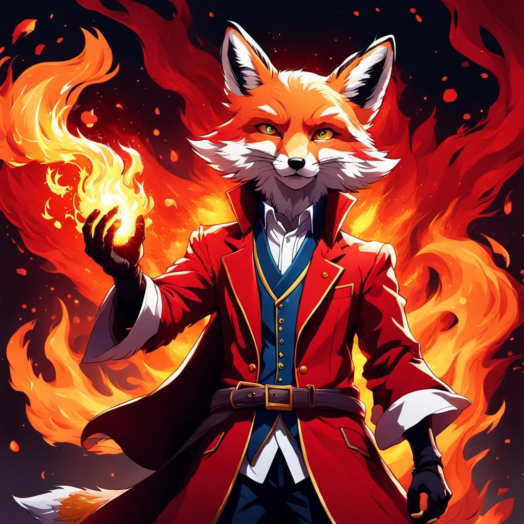 Fox Wizard in Red Suit with Fire, Anime Style