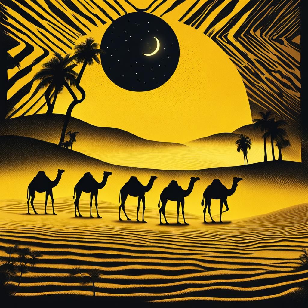 Yellow Camel in Yellow Sunlight on Yellow Sand