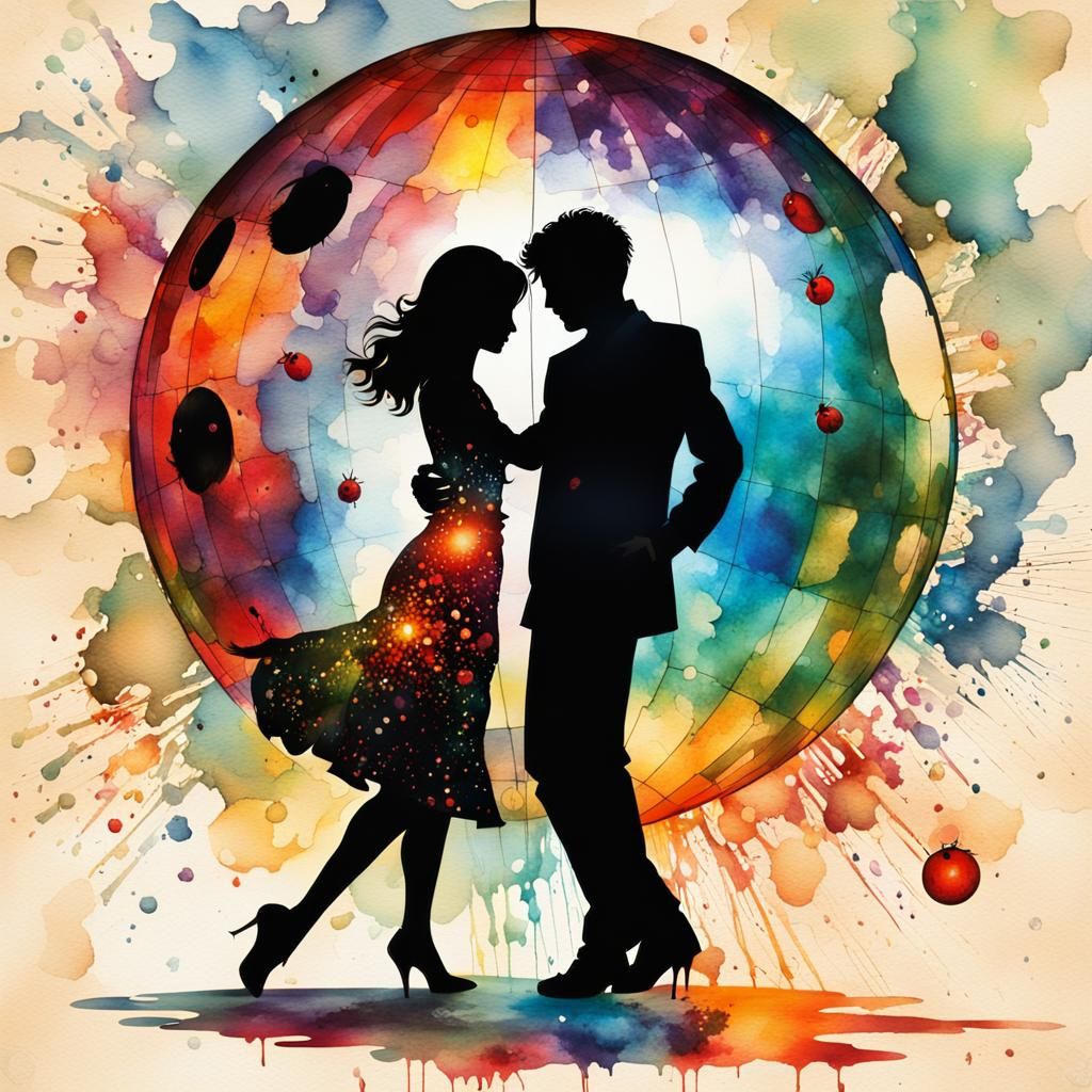 Couple Dancing Under Disco Ball: Chromolithography Style