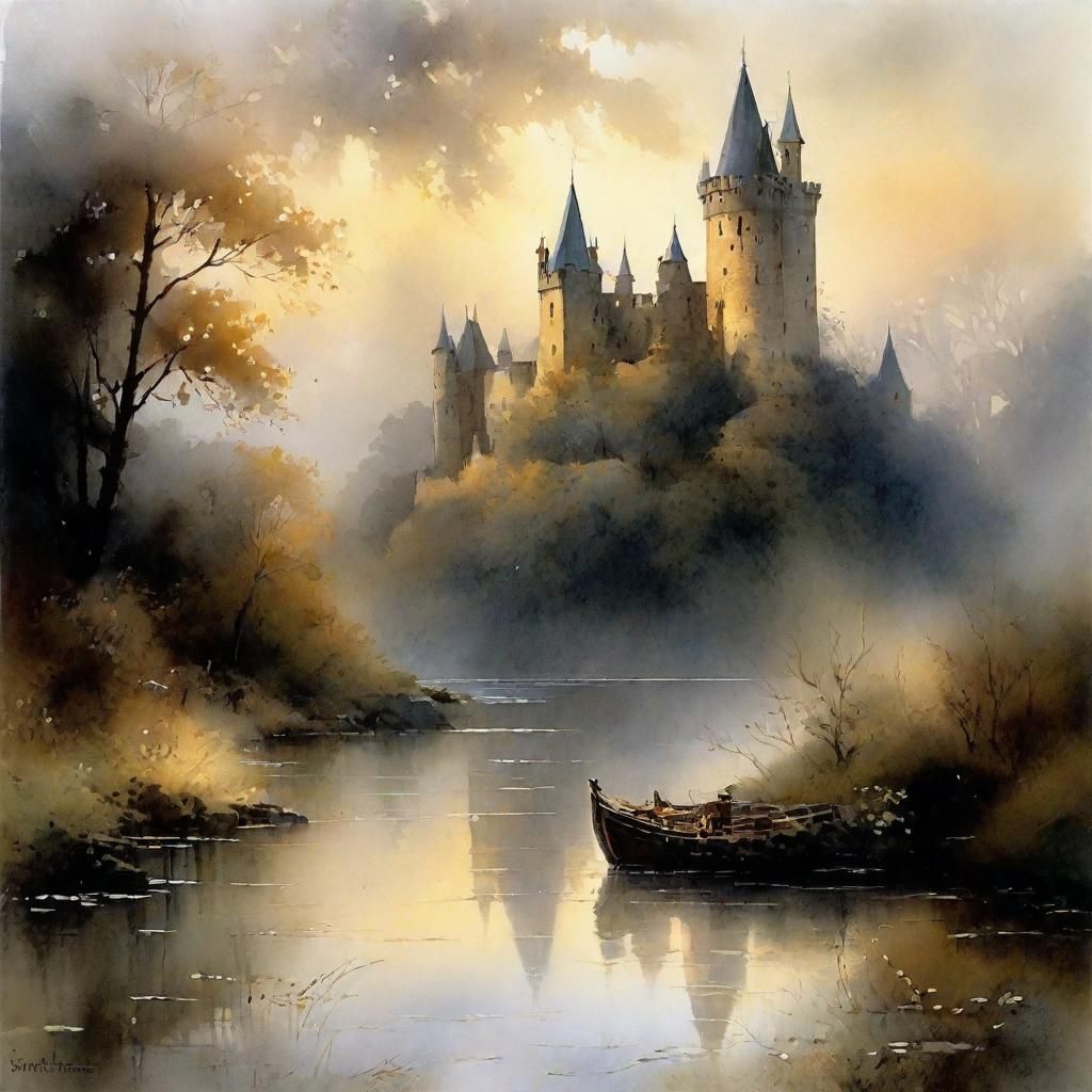 Castle Ruin Emerges from Morning Mist as Intricately Detaile...