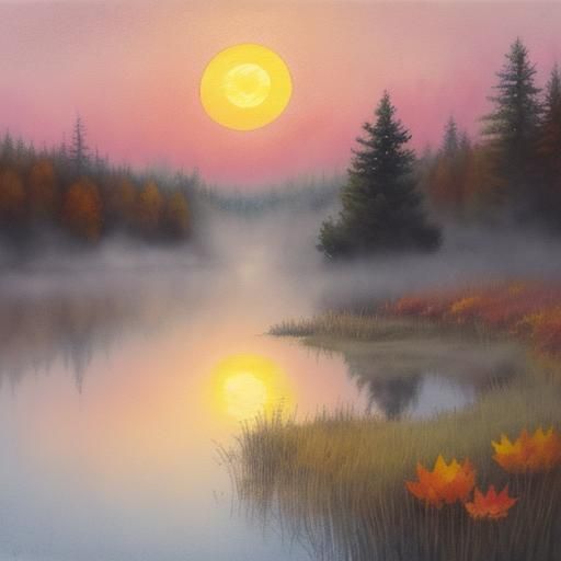 Full Moon Sunset: Watercolour Autumn Pond Scene