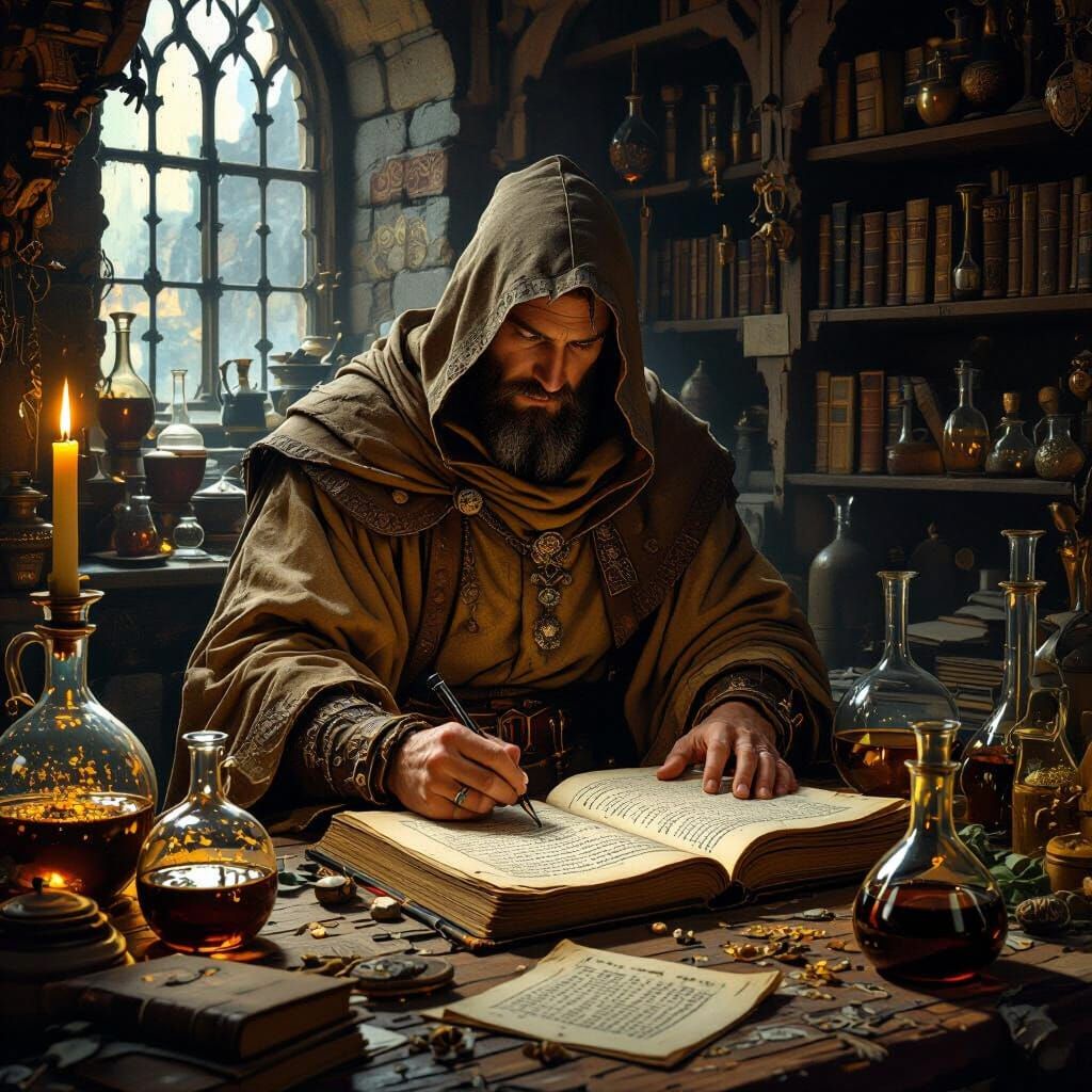 Medieval Alchemist Transcribing Texts as Illuminated Manuscr...