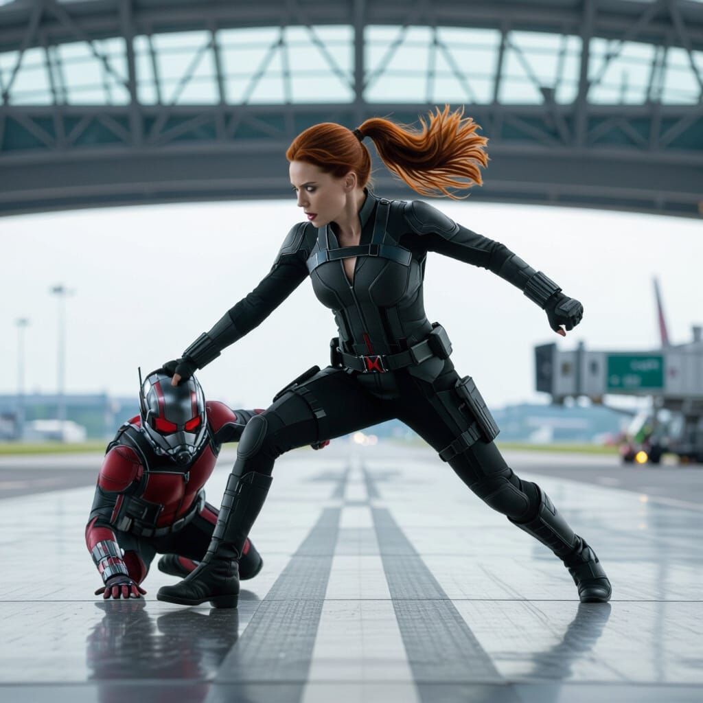 Superheroine Attacks Ant-Man on Airport Runway