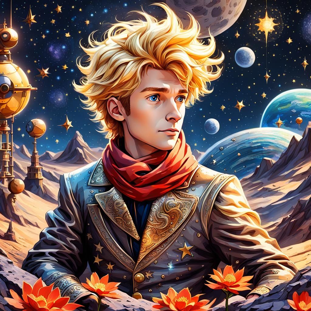 The Little Prince and his Red Rose in Steampunk Style