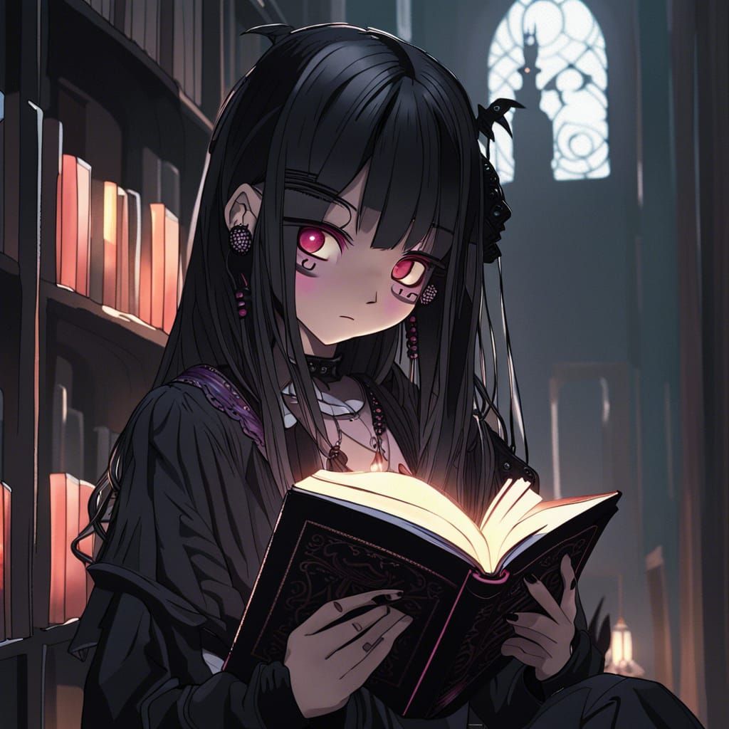 Anime Goth Girl Reading in Dark Library