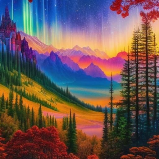 Dreamlike Forest Castle at Sunset in Maximalist Style